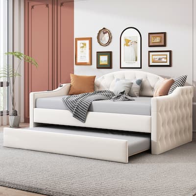 Velvet Tufted Upholstered Daybed with Trundle,USB & Type-C Charging Ports
