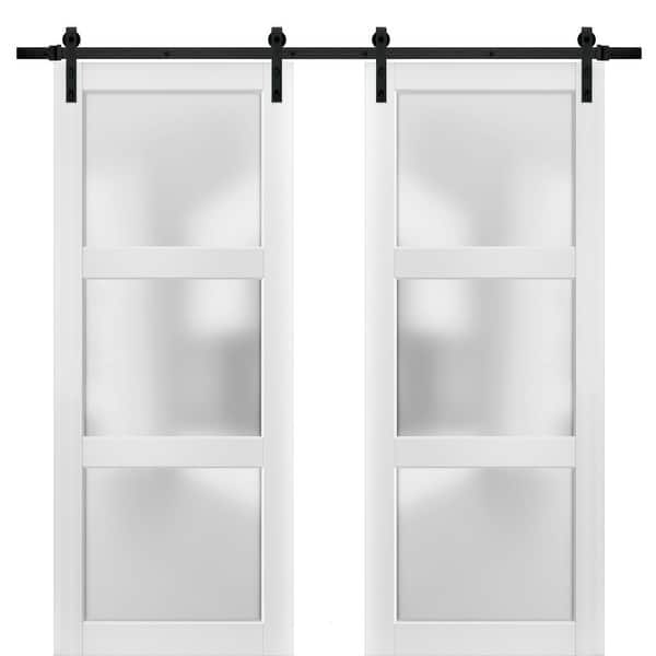 slide 1 of 5, Sturdy Double Barn Door Frosted Glass 3 Lites / Lucia 2552 White