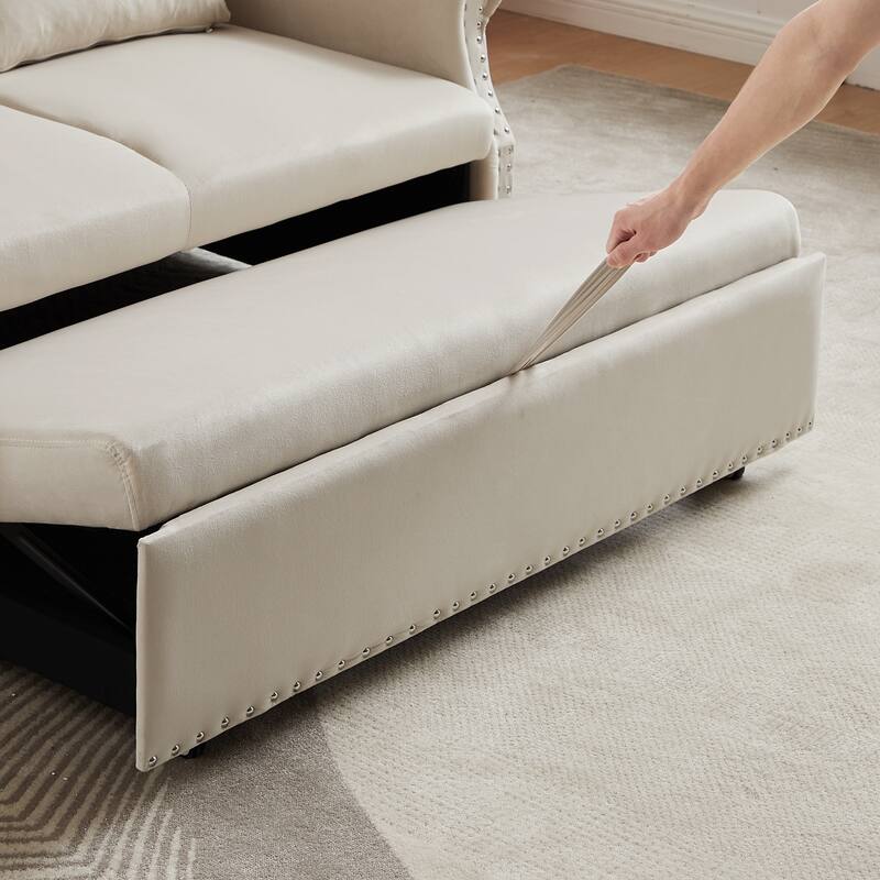 Velvet Convertible Loveseat Sleeper sofa with 2 Lumbar Pillows, Adjustable Pull-Out Bed and Removable Armrest