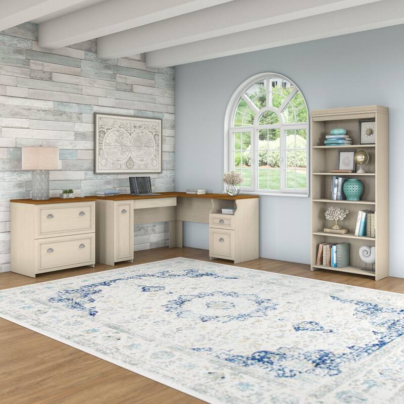 Fairview 60W Desk with File Cabinet and Bookcase by Bush Furniture - Antique White