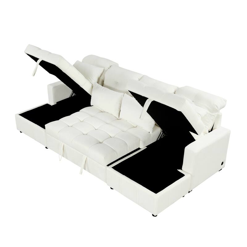 110" Oversized Chenille Convertible U-shaped Sectional Sofa with Pull-out Bed, Double Storage Chaise Lounges, and 2 USB Ports
