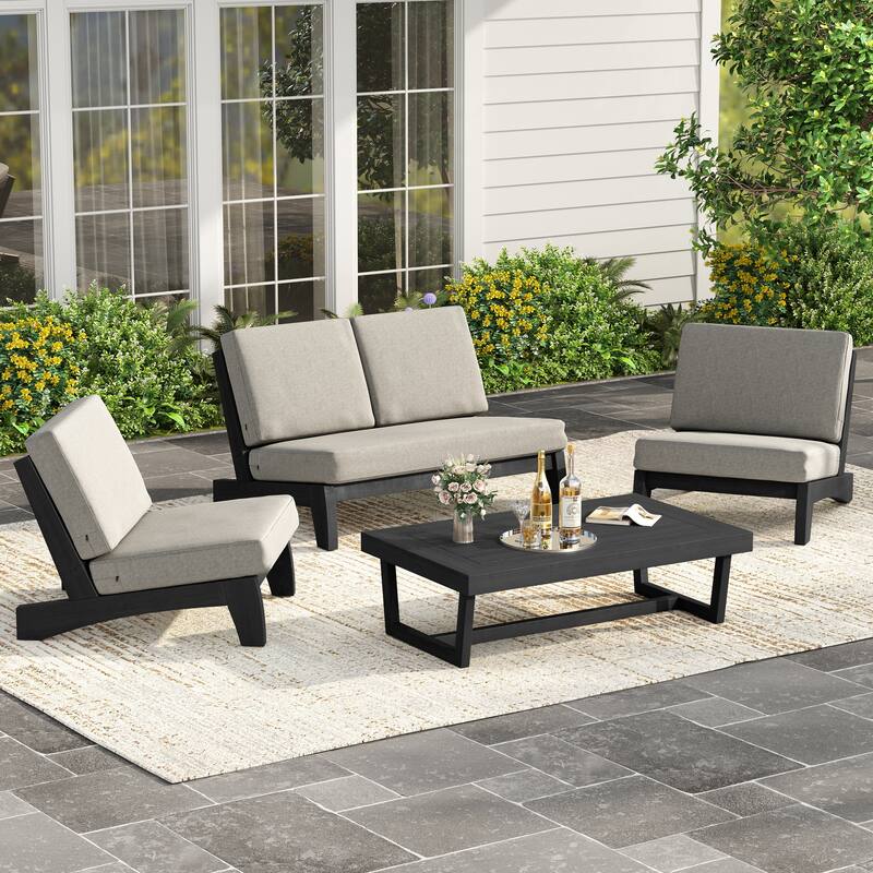 4Piece Wood Outdoor Loveseat Chair Conversation Set with Table Cushion