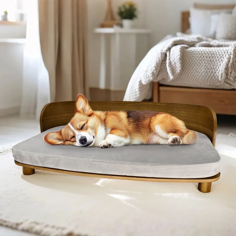 Elevated Dog Bed Curved Wood with Waterproof Soft Cozy Cushion Stool