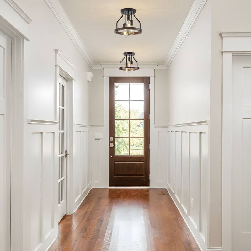 Starsky 3-Light Farmhouse Round Wood Flush Mount Ceiling Light, Industrial Caged Beech Wood Fixture with Black Metal Canopy