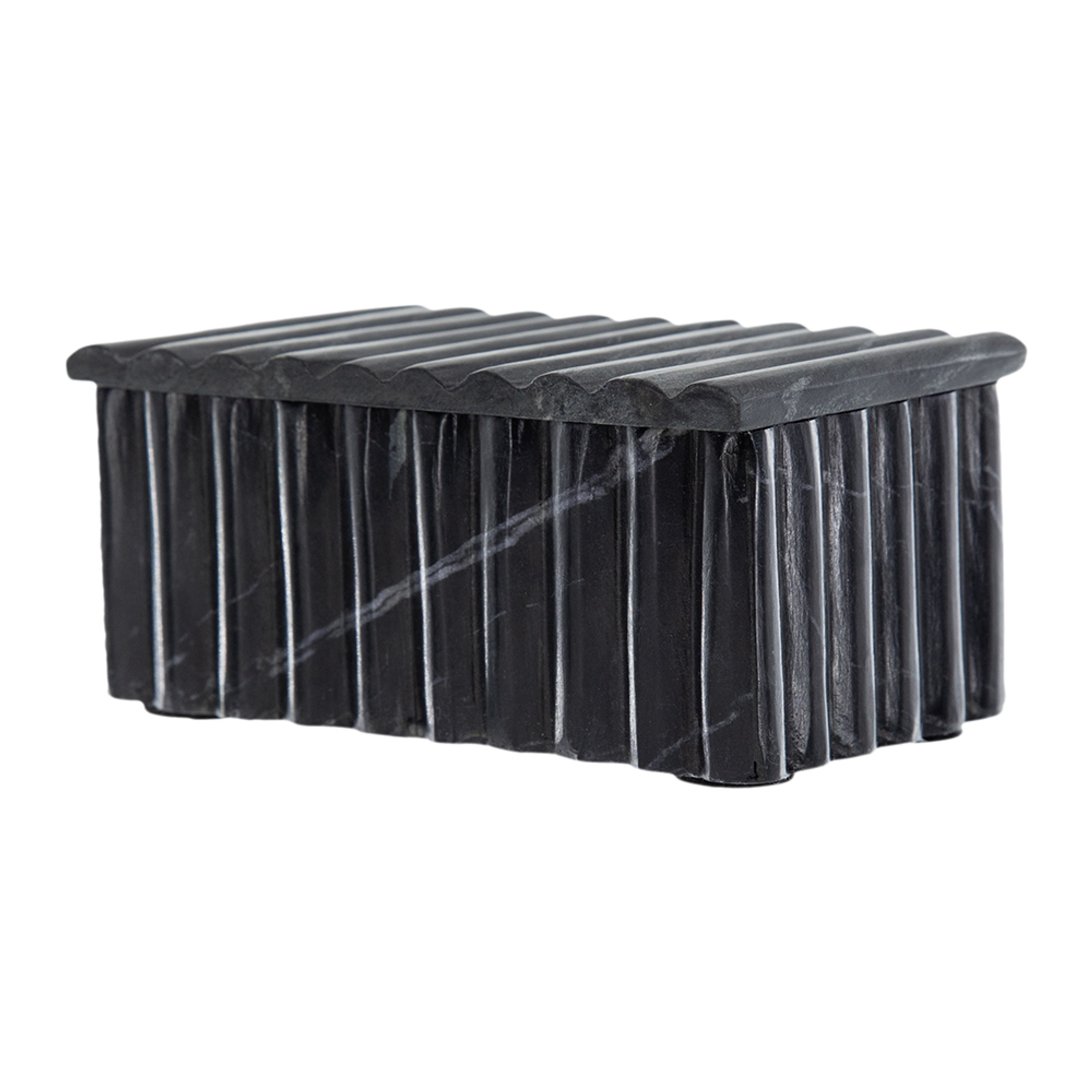 Decorative Storage Box with Lid, 7 Inch Fluted Carvings, Black Marble