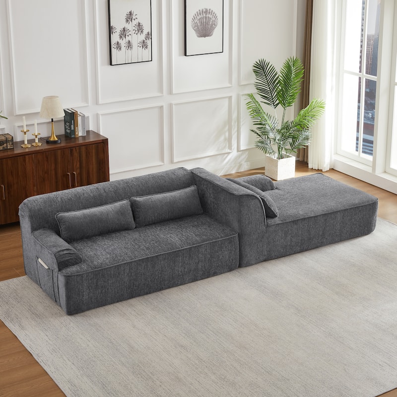 Floor Standing Chenille L-shape Chaise Sectional Sofa with Side Pocket