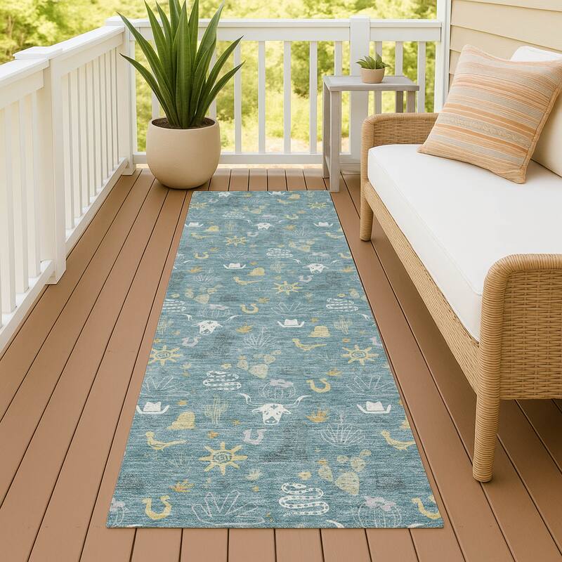 Machine Washable Indoor/ Outdoor Cowboy Ranch Chantille Rug - Teal - 2'3" x 7'6"