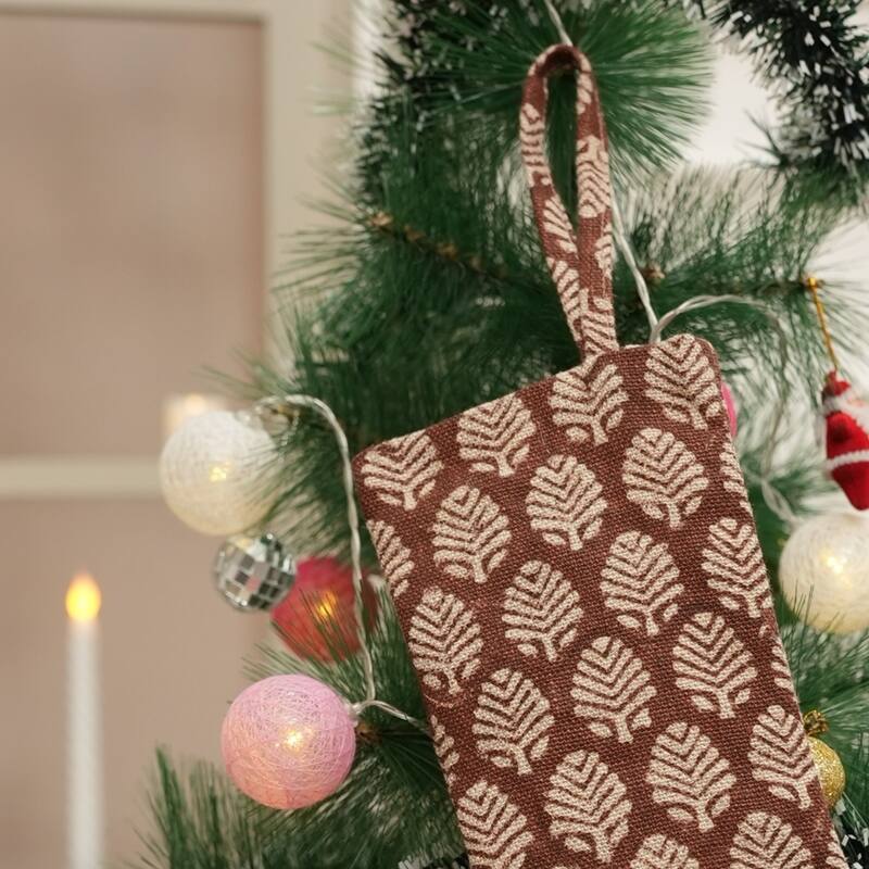 Fabdivine Handmade Linen Floral Block Print Christmas Stocking Home Décor Perfect for Gift - 10"X4.5"