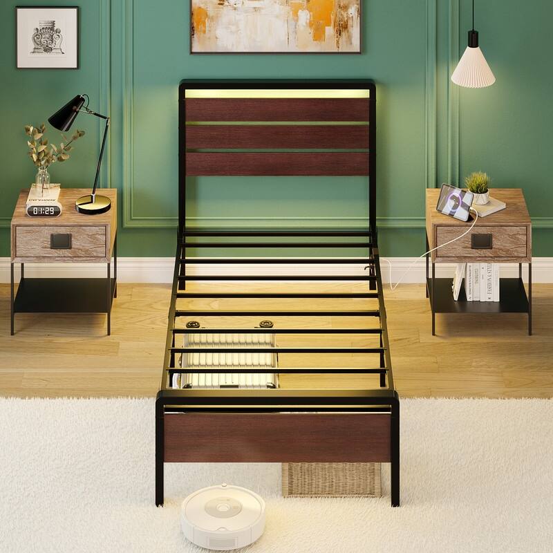 Bed Frame with LED Light and Charging Station, Metal Platform Bed with Wood Headboard