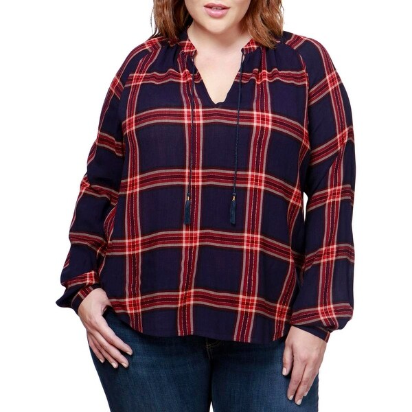 Lucky Brand Womens Peasant Top Metallic Plaid