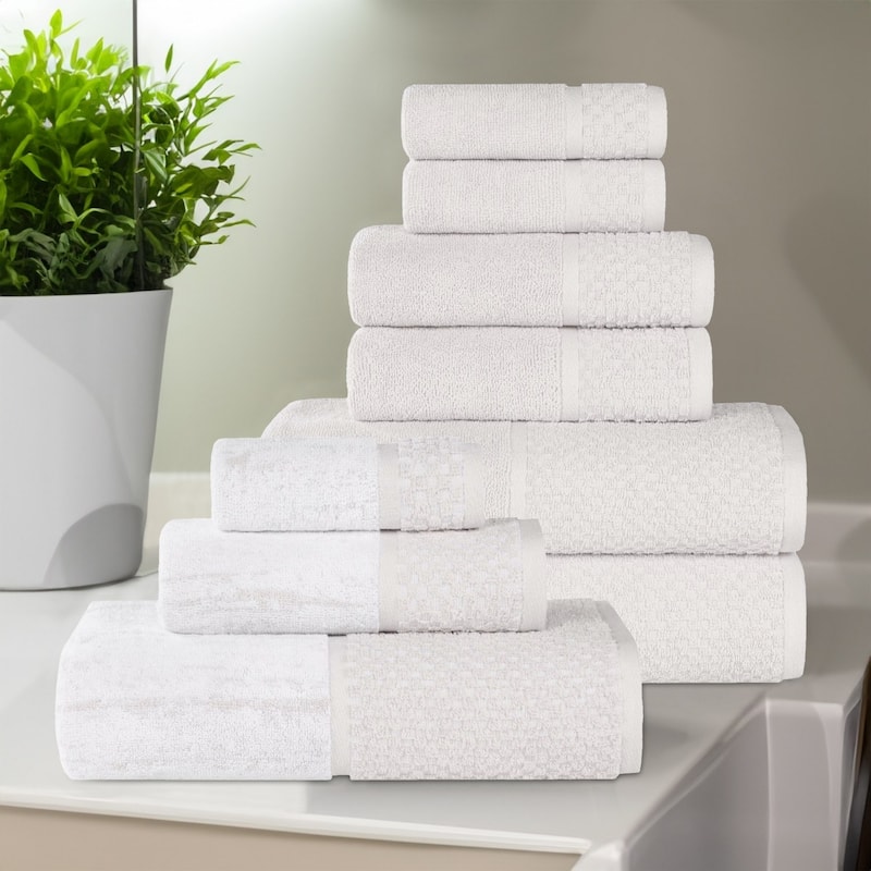 Superior Lodie Cotton Jacquard Solid and Two-Toned 9 Piece Towel Set - Stone/White