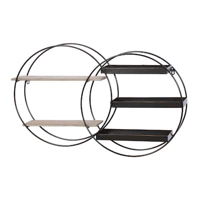 Metal Geometric Overlapping Circle 5 Level Wall Shelf with Wood Accents - Black - Roche River Decor