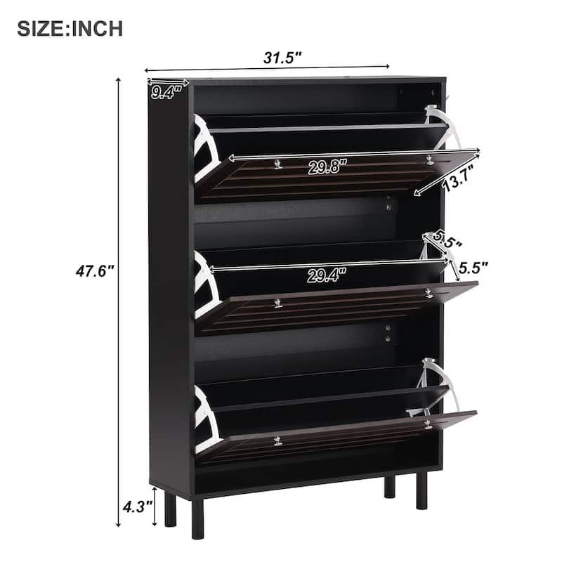 Slim Tipping Bucket Shoe Cabinet with Hanging Hooks, Entryway Hidden Wood Shoe Organizer Shoe Rack with Adjustable Pane
