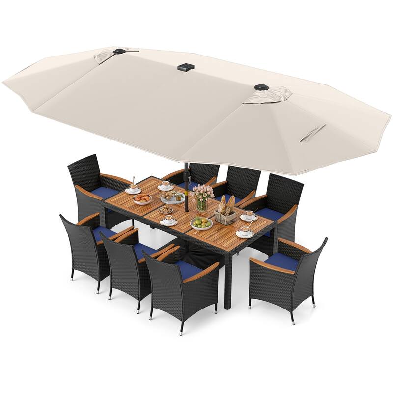 Gymax 11 PCS Patio Dining Set w/ 15ft Double-Sided Patio Umbrella