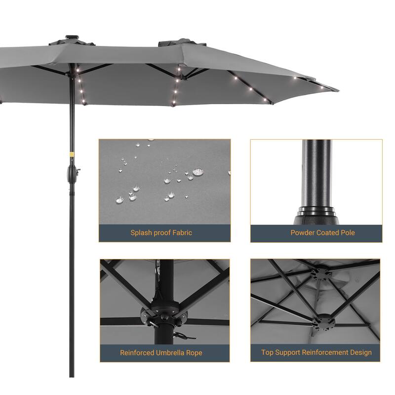 Livoosun 15×9FT LED Double-sided Patio Umbrella with BASE UPF50+ and Handle, and Wind-Resistant Design