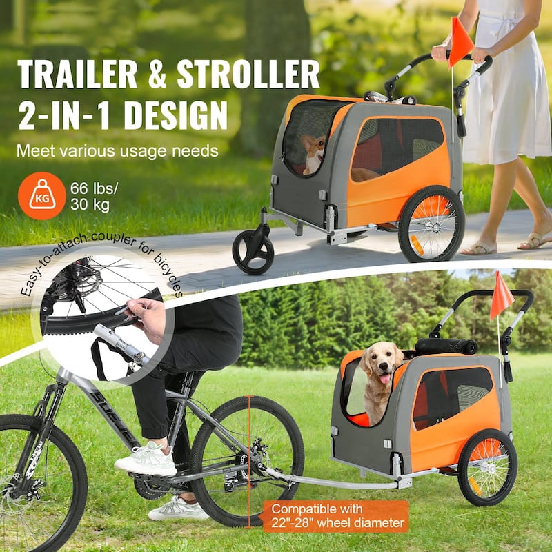 Orange-Grey Steel Pet Stroller Trailer, 2-in-1, Foldable, 66lb Max Capacity - 30.1" L x 21" W x 20.8" H