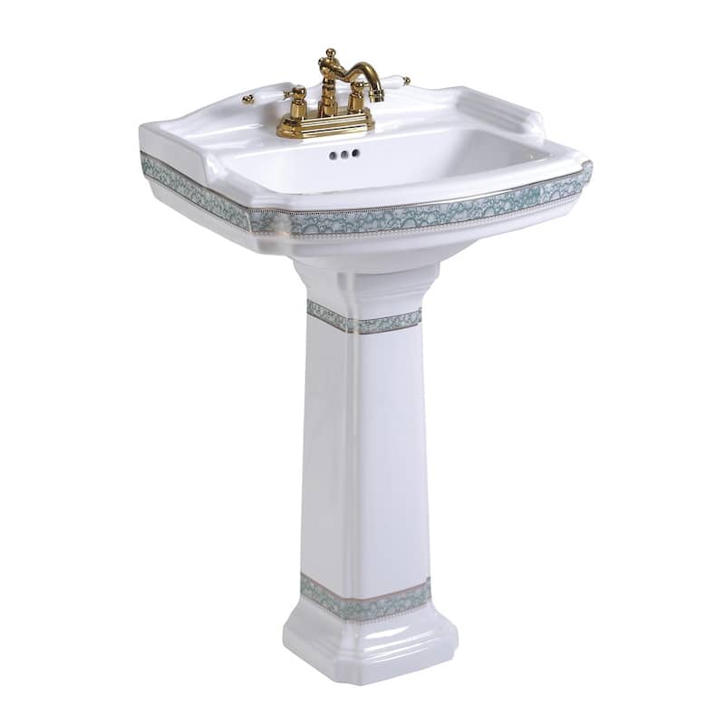 White Porcelain Bathroom Pedestal Wall Mounted Sink with Green Gold Accent and 4 in. Centerset Faucet Holes - White