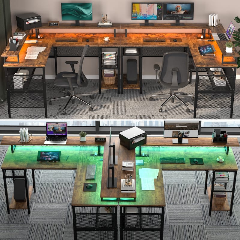 L Shape Computer Desk Reversible Gaming Desk with Charge Station and LED Light