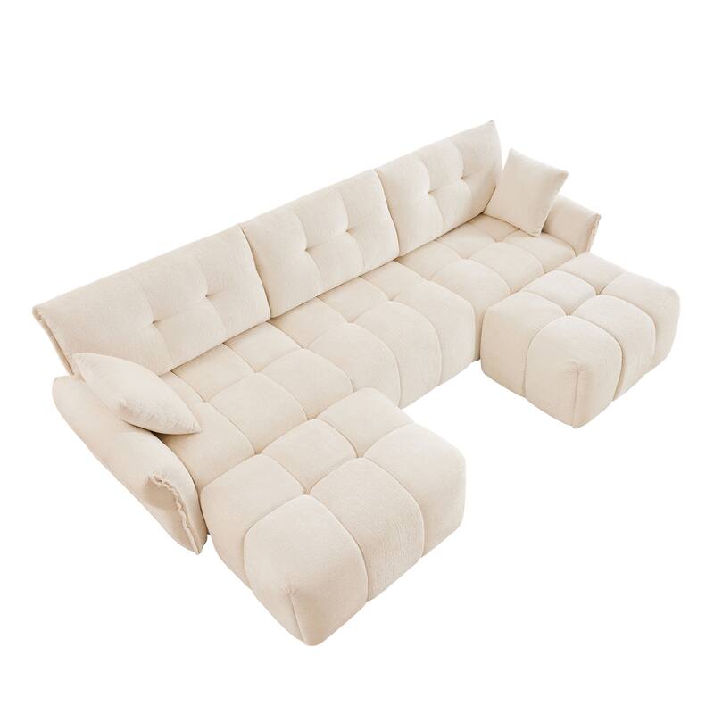 110.2" Chenille 3-Seater Sofa Set with Ottoman and Throw Pillows, Solid Wood Frame