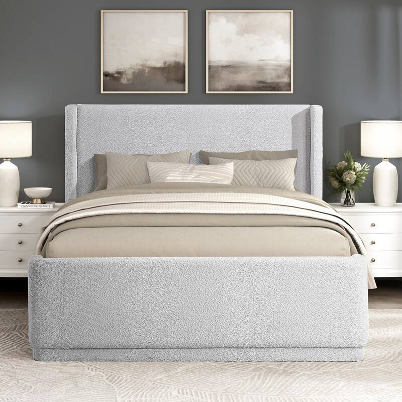 Elegant Light Gray Queen Platform Bed with Wingback Headboard and Plywood Frame