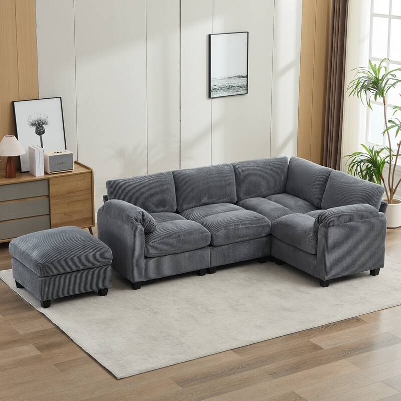 5-Seater Corduroy Sectional Sofa, Removable Ottoman, Modular Design
