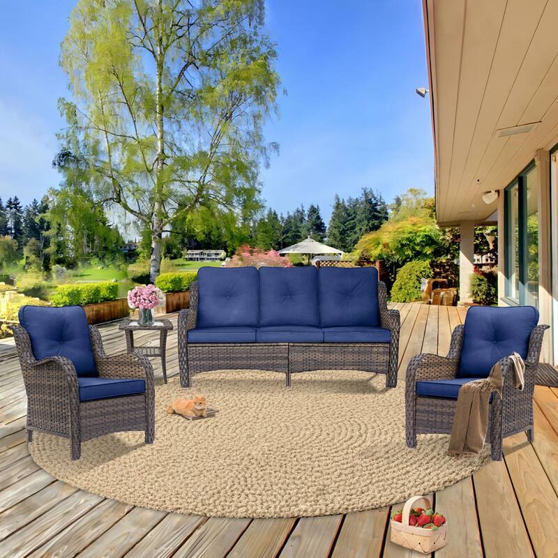 4 Piece Wicker Outdoor Patio Furniture Set High Back Chair and Sofa - Navy Blue