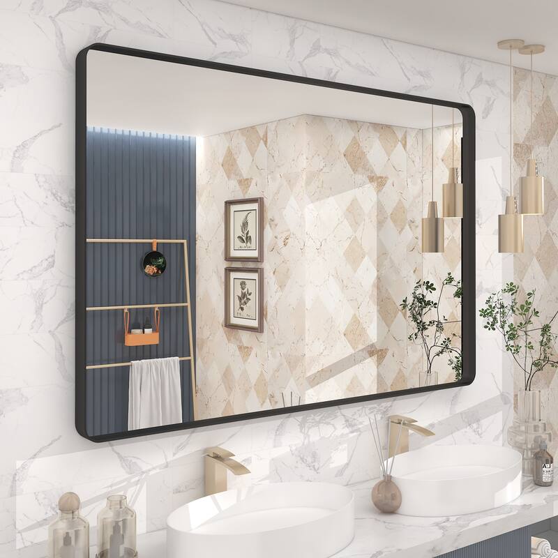 Modern Metal Frame Wall Mounted Bathroom Vanity Mirror - 48x32 - Black