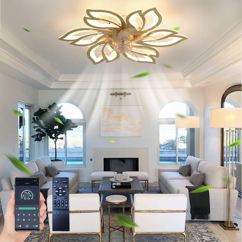 25.5 inch Cartoon Petal Ceiling Fans with Lights and Remote, Flush Mount Bladeless Ceiling Fan Lights with Reversible Blades