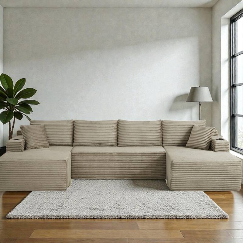 Compressible U-Shaped Modular Sectional Sofa, Corduroy Cloud Couch, 6-Seat Minimalist Living Room Sofa