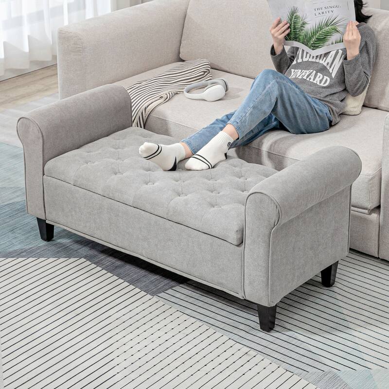 Modern Storage Ottoman Bench, Upholstered End of Bed Bench with Rolled Arms