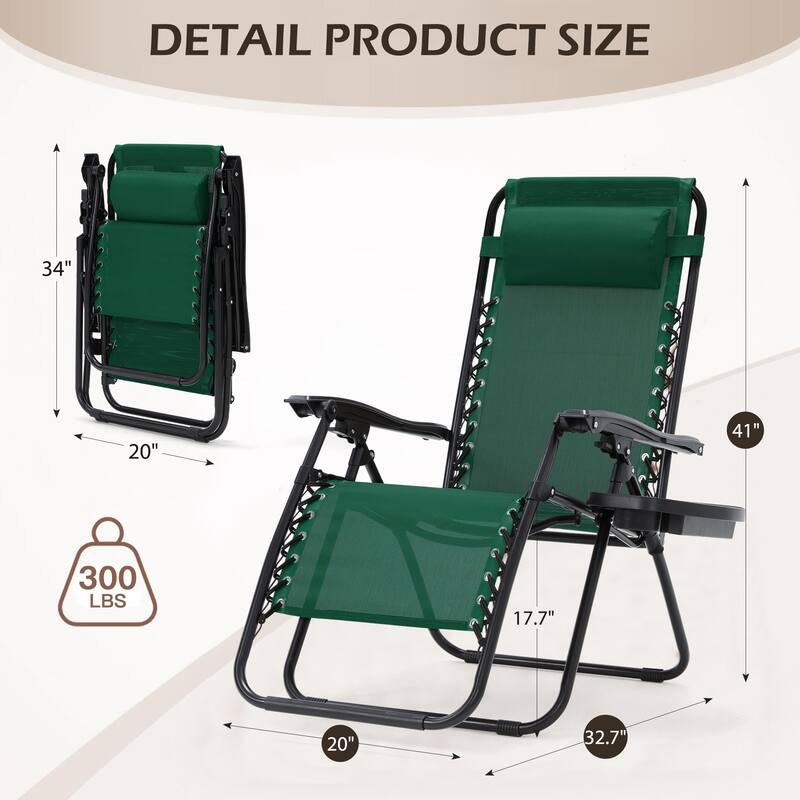 Zero Gravity Lounge Chair Set of 2 – Outdoor Folding Recliners with Cup Holder, Adjustable Headrest, Weather-Resistant Fabric