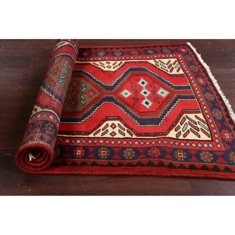 Geometric Hamedan Persian Wool Area Rug Handmade Bedroom Carpet - 3'2" x 4'11"