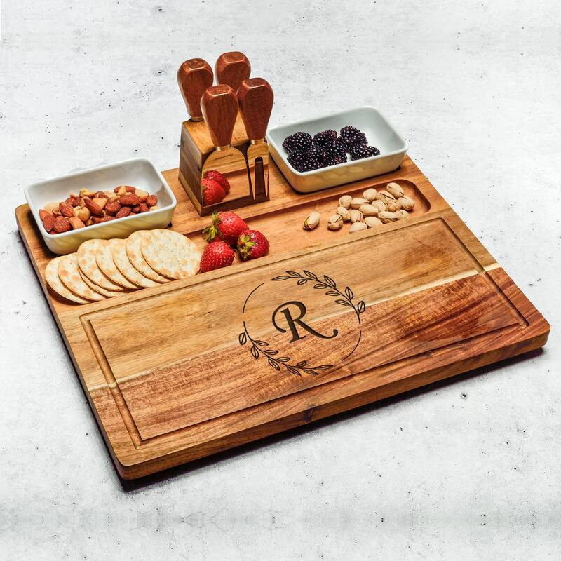 Picnic at Ascot Personalized Large Acacia Charcuterie Board Set with Bowls & Cheese Tools - R