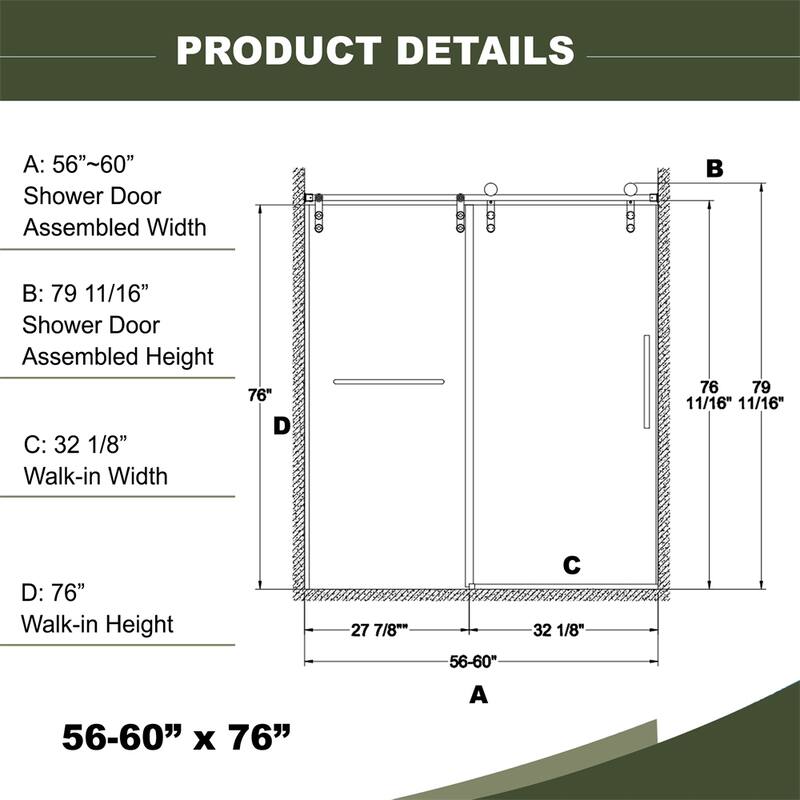 56"-60"W x 76"H Frameless Shower Door,Sliding Shower Door