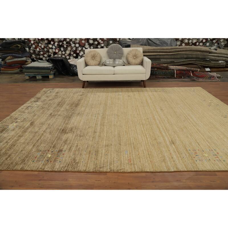 Hand Knotted Oriental Viscose Silk Carpet Tribal Animal Pictorial Yellow & Gold Gabbeh Area Rug - 11' 11'' X 9' 1''
