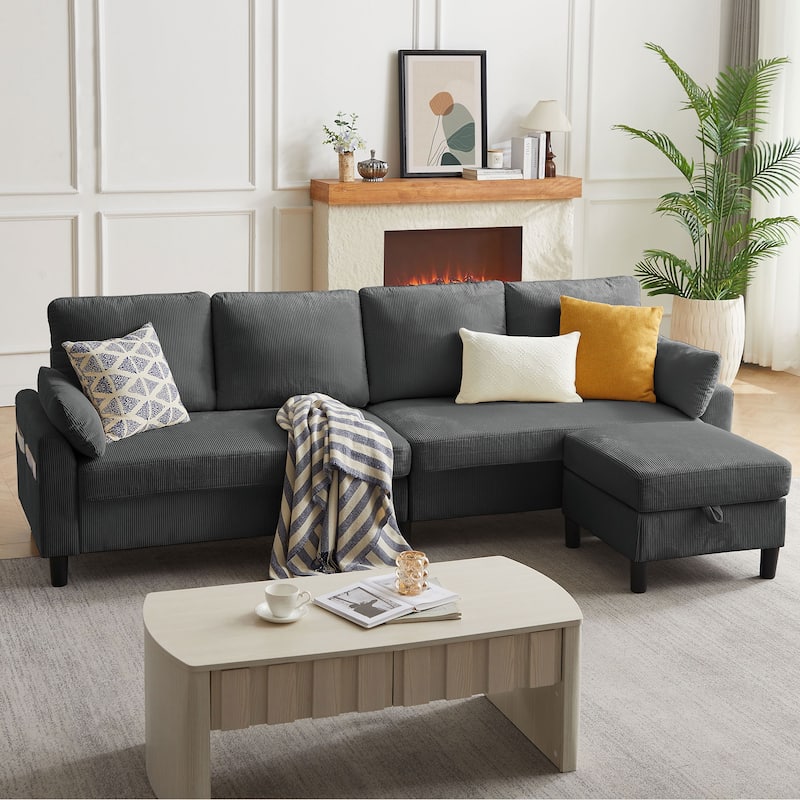 101'' Corduroy Upholstered Sectional Sofa With Storage Ottoman