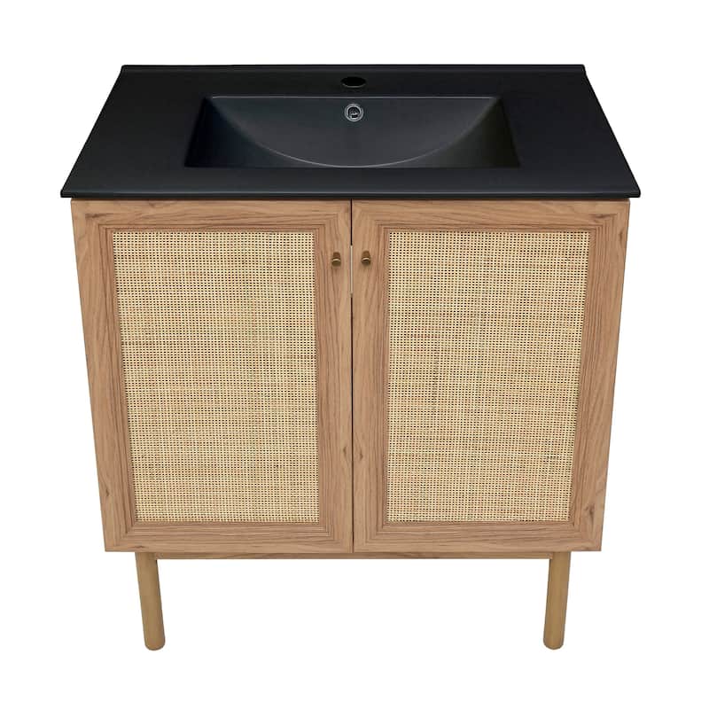Classe 30 In. Brown Oak Bathroom Vanity With Black Ceramic Sink Top
