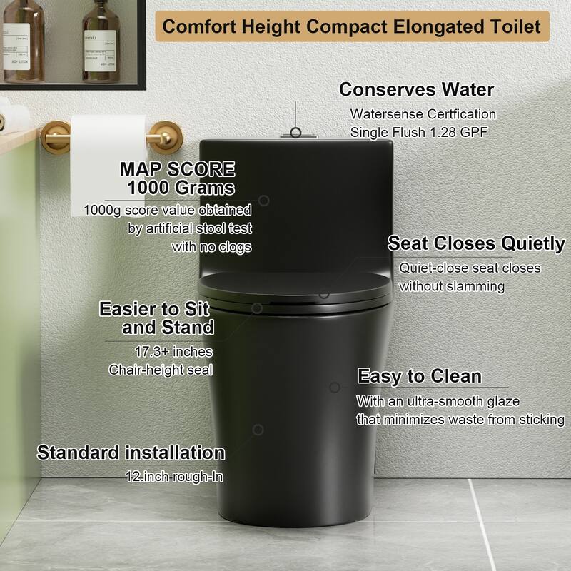 1.1/1.6 GPF Tornado Flush One-Piece Toilet Elongated, Siphonic S-trap 12",Soft Closing Seat, Button on Tank top - Matte Black