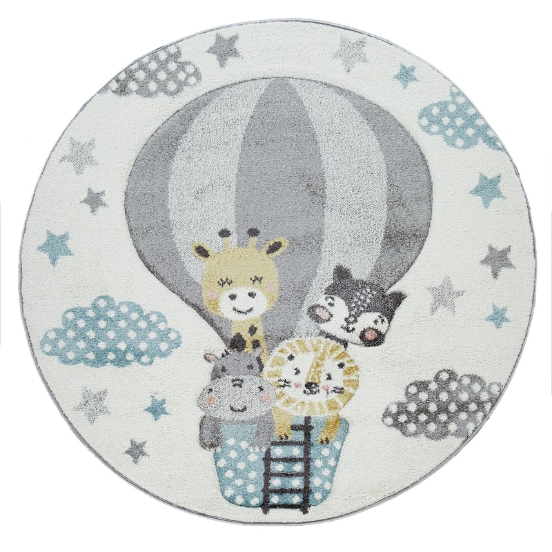 Nursery Rug for Kids Cute Animals on a Hot Air Balloon in Cream Blue