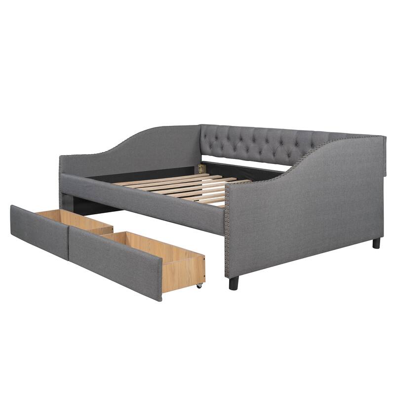 Elegant Full Size Daybed with Storage Drawers, Upholstered Fabric and Sturdy Frame