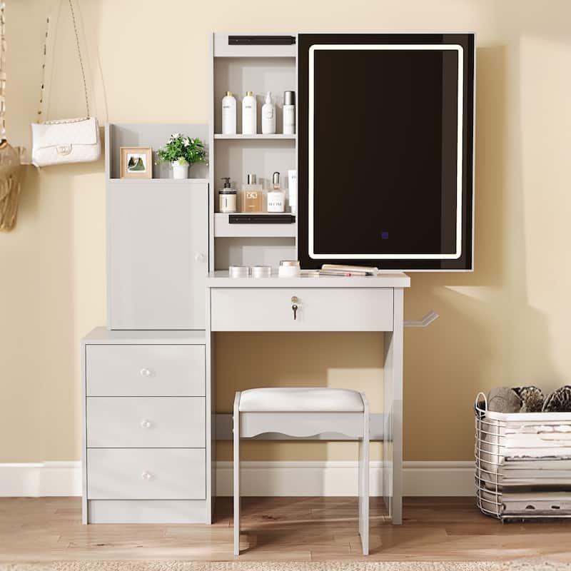 Anmytek Lighted Sliding Mirror Vanity Desk - 4 Drawers, 9 Storage Spaces,Power Outlets and Cushioned Stool