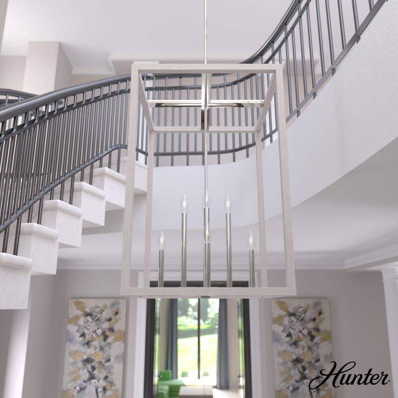 Hunter Squire Manor Pendant - Foyer, Island, Dining Room - Candle, Cage, Modern Farmhouse, Lantern - 22"  8 Light - Chrome -Distressed White