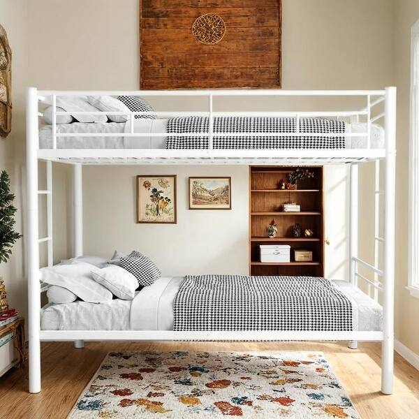 slide 2 of 8, Convertible Twin over Twin Metal Bunk Bed with High Guardrail White