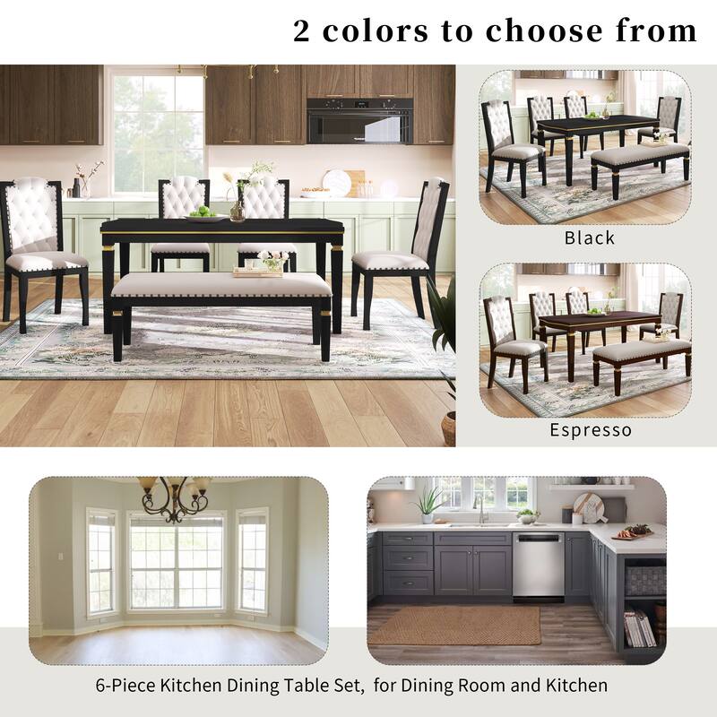 Kitchen Dining Table Set, Dining Room Table Set for 6 with Rectangular Table, Bench and 4 High Back Tufted Chairs