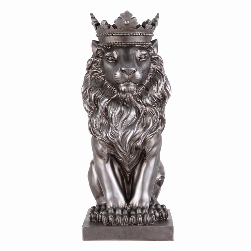 Solid Sitting Lion with Crown Statue - 14.5" - Silver