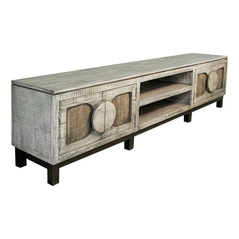 HomeRoots 93" White Solid Wood Cabinet Enclosed Storage Distressed TV Stand - 92.5' X '27' X '15.75