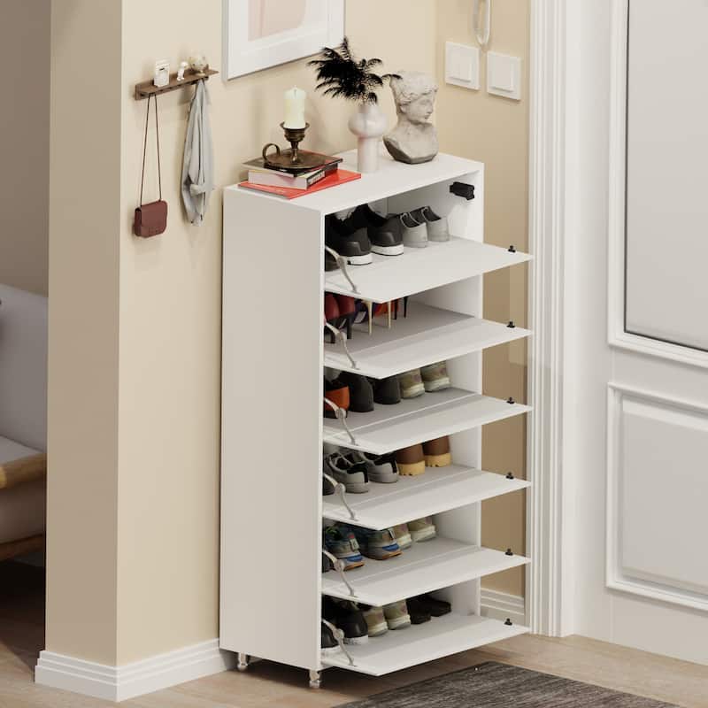 Mirror Shoe Cabinet With 6 Flip Drawers - White