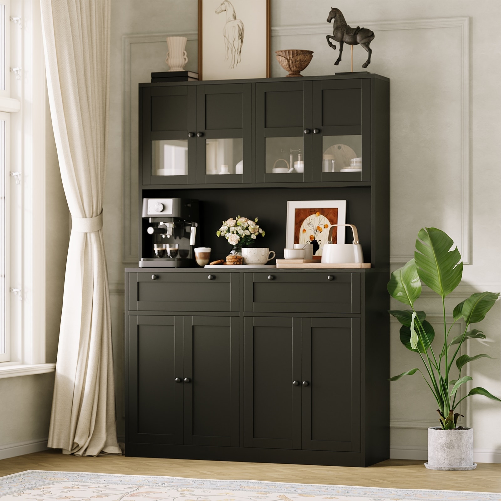 Tall Kitchen Pantry Storage Cabinet with Microwave Stand, 71" Modern Kitchen Hutch with Glass Doors