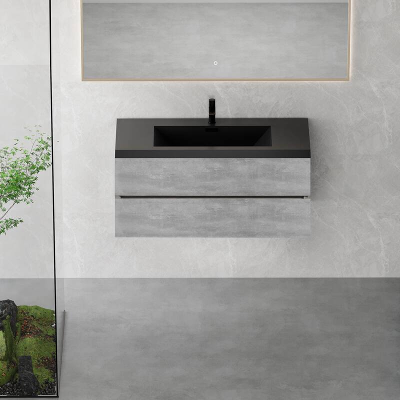 GDFStudio - Carter Floating Bathroom Vanity with Quartz Sand Countertop & Soft-Close Drawers