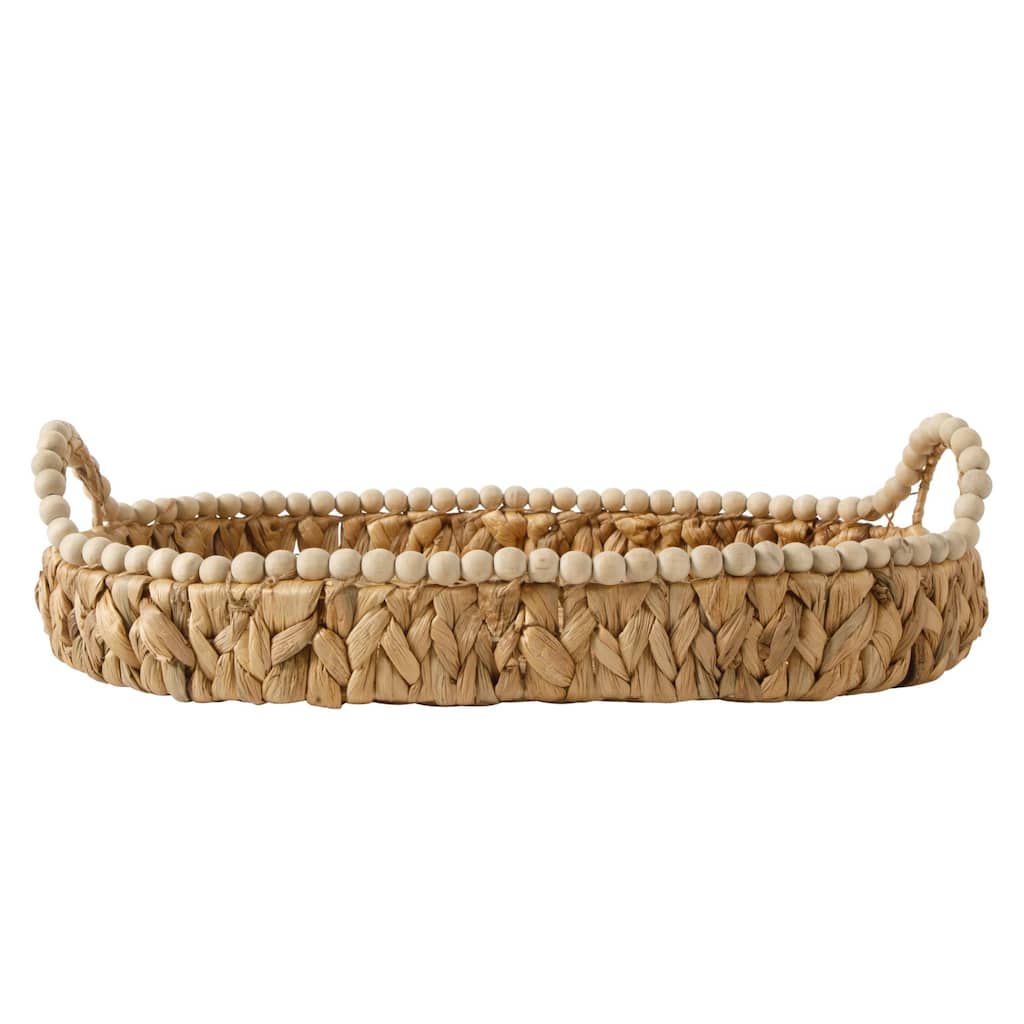 Gibson Home 17-Inch Woven Decorative Serving Tray - Large Natural Water Hyacinth Basket with Wood-Bead Trim and Handles